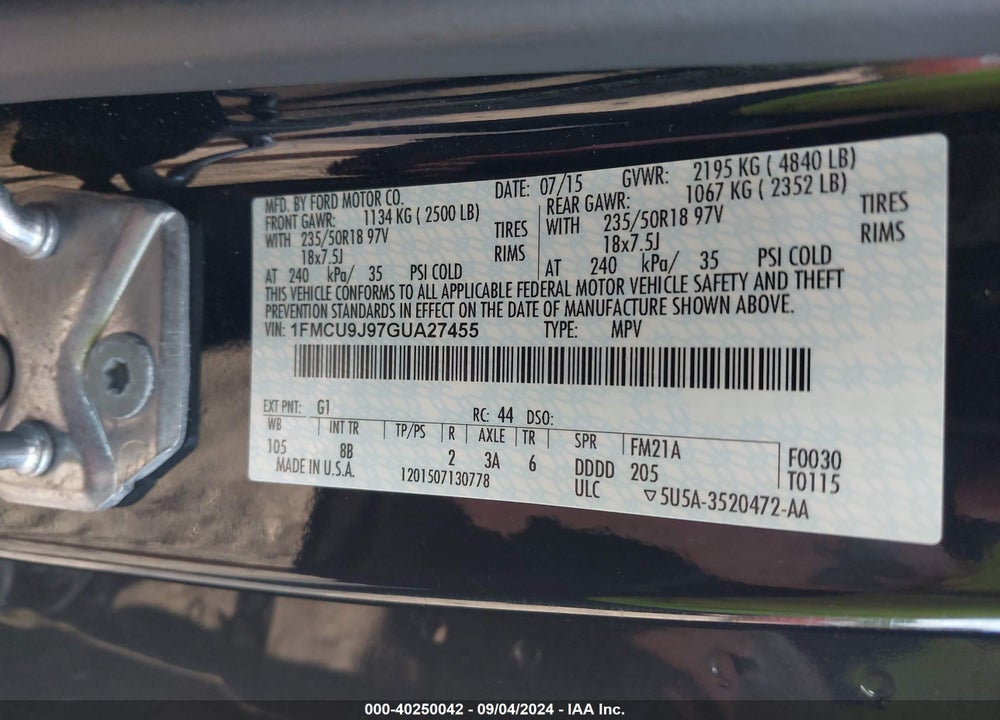 2016 FORD ESCAPE TITANIUM VIN: 1FMCU9J97GUA27455