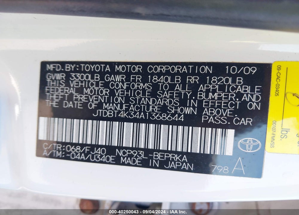 2010 TOYOTA YARIS VIN: JTDBT4K34A1368644