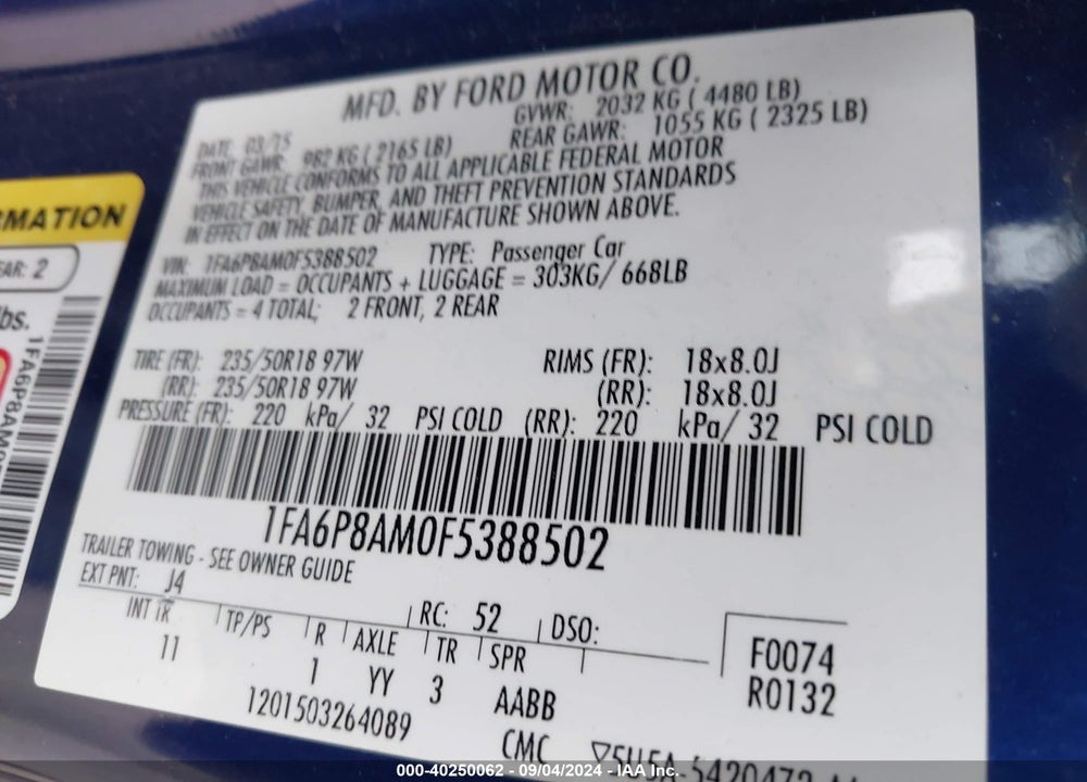 2015 FORD MUSTANG V6 VIN: 1FA6P8AM0F5388502