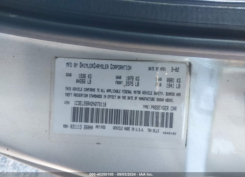 2002 CHRYSLER SEBRING VIN: 1C3EL55RX2N273118