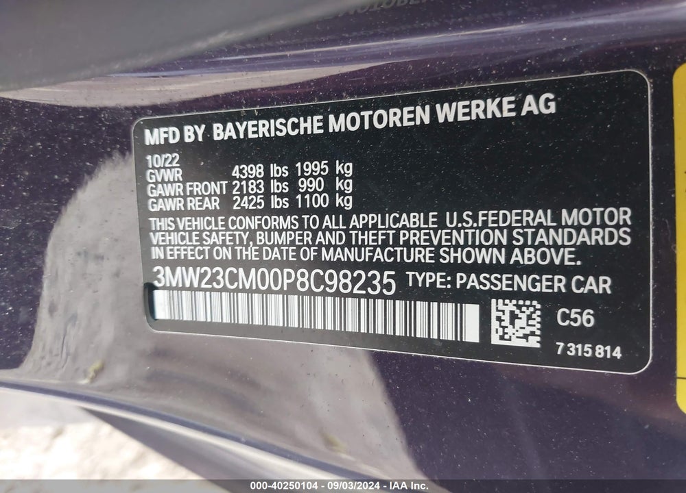 2023 BMW 230 I VIN: 3MW23CM00P8C98235