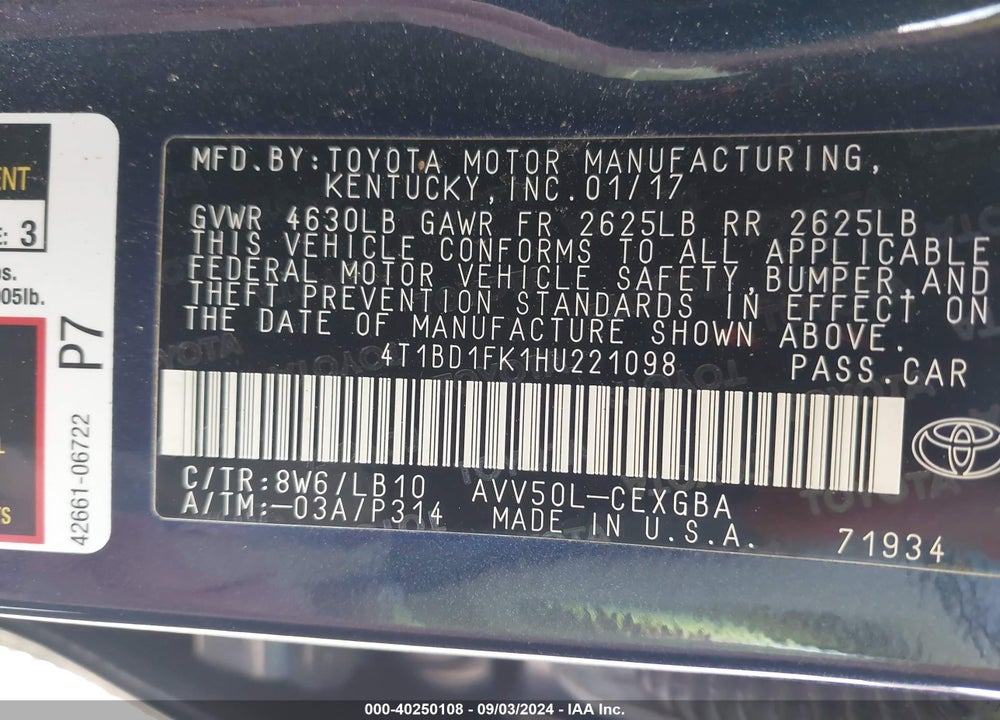 2017 TOYOTA CAMRY HYBRID XLE VIN: 4T1BD1FK1HU221098