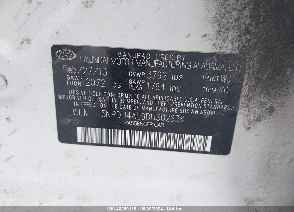 2013 HYUNDAI ELANTRA GLS VIN: 5NPDH4AE9DH302634