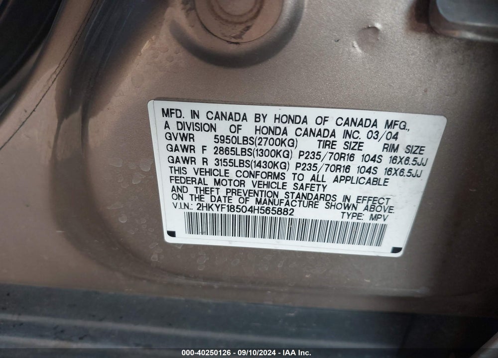 2004 HONDA PILOT EX-L VIN: 2HKYF18504H565882