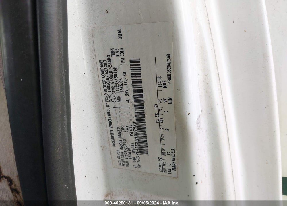 2001 FORD E-450 CUTAWAY STANDARD VIN: 1FDXE45S01HA87933