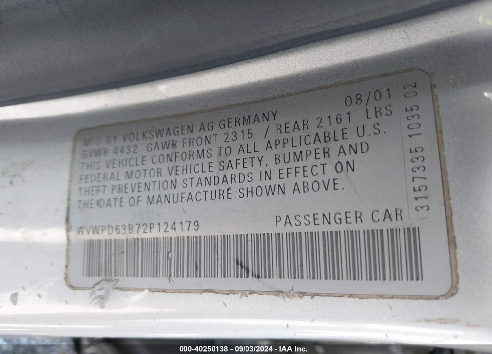 2002 VOLKSWAGEN PASSAT GLS VIN: WVWPD63B72P124179