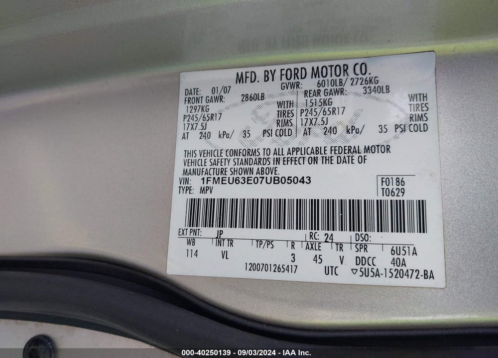 2007 FORD EXPLORER VIN: 1FMEU63E07UB05043
