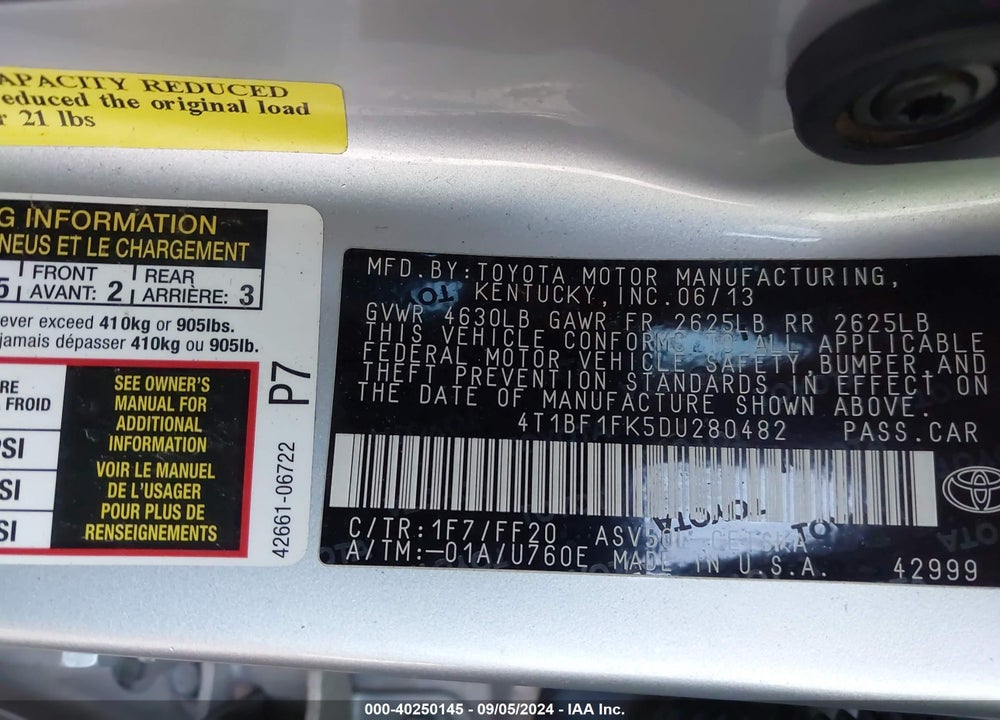 2013 TOYOTA CAMRY SE VIN: 4T1BF1FK5DU280482