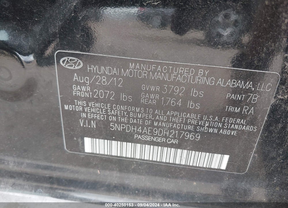 2013 HYUNDAI ELANTRA LIMITED VIN: 5NPDH4AE9DH217969