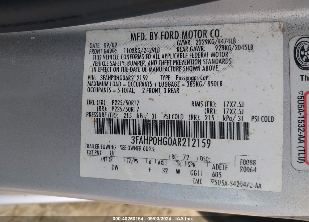2010 FORD FUSION SE VIN: 3FAHP0HG0AR212159
