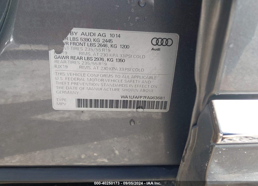 2015 AUDI Q5 2.0T PREMIUM VIN: WA1LFAFP7FA063681