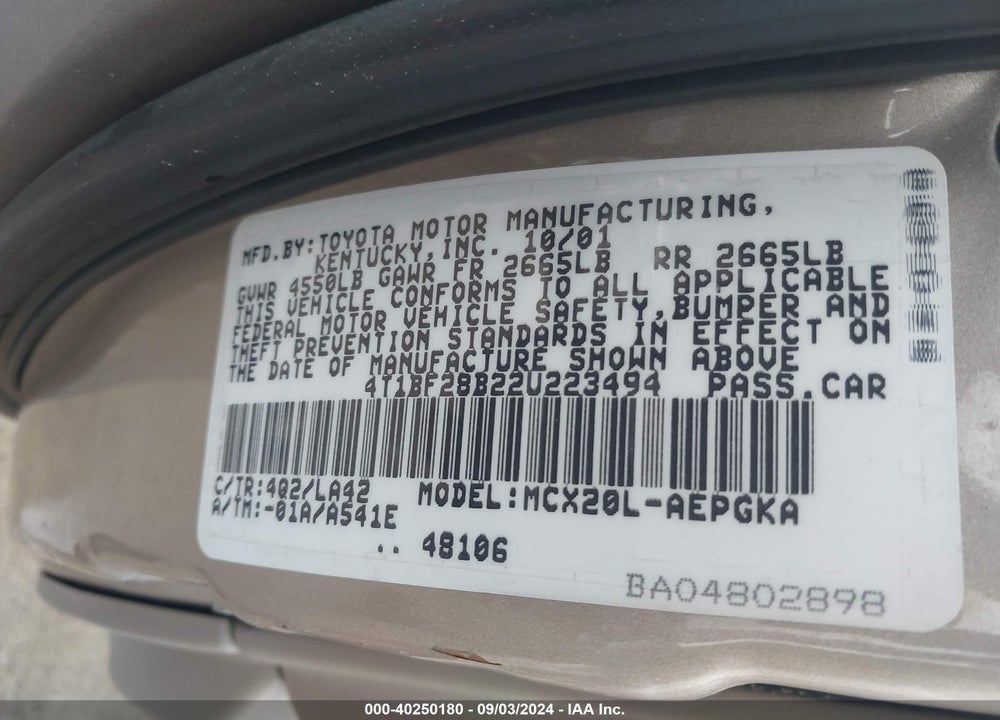 2002 TOYOTA AVALON VIN: 4T1BF28B22U223494