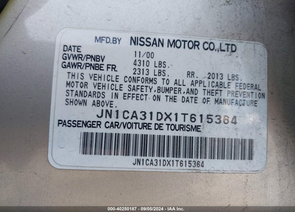 2001 NISSAN MAXIMA GXE VIN: JN1CA31DX1T615364