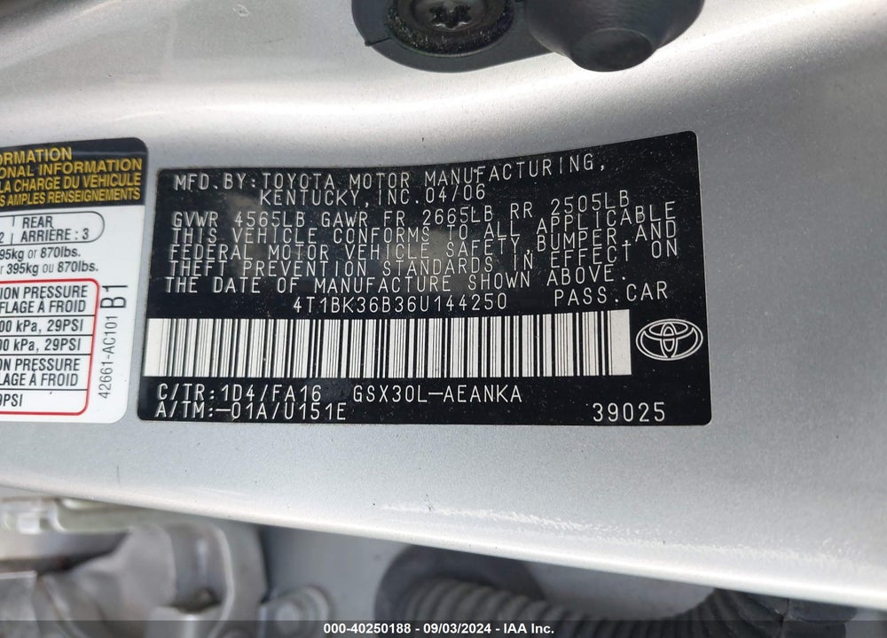 2006 TOYOTA AVALON XL VIN: 4T1BK36B36U144250
