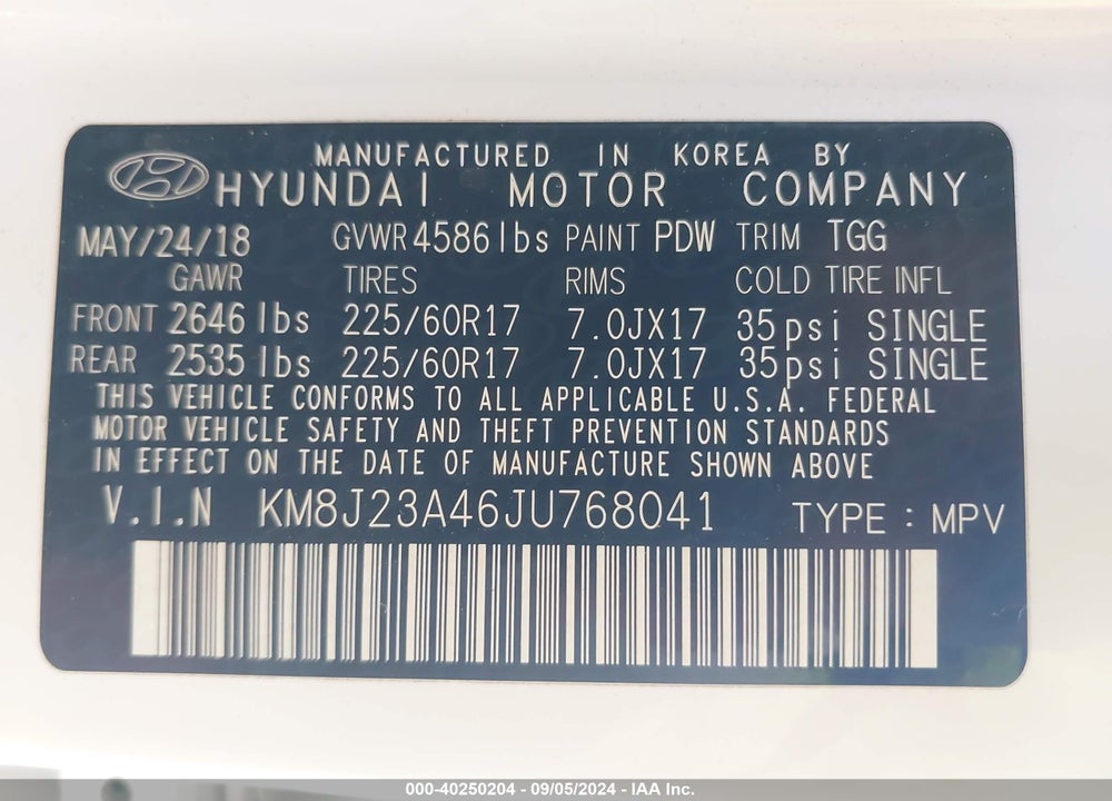2018 HYUNDAI TUCSON SE VIN: KM8J23A46JU768041