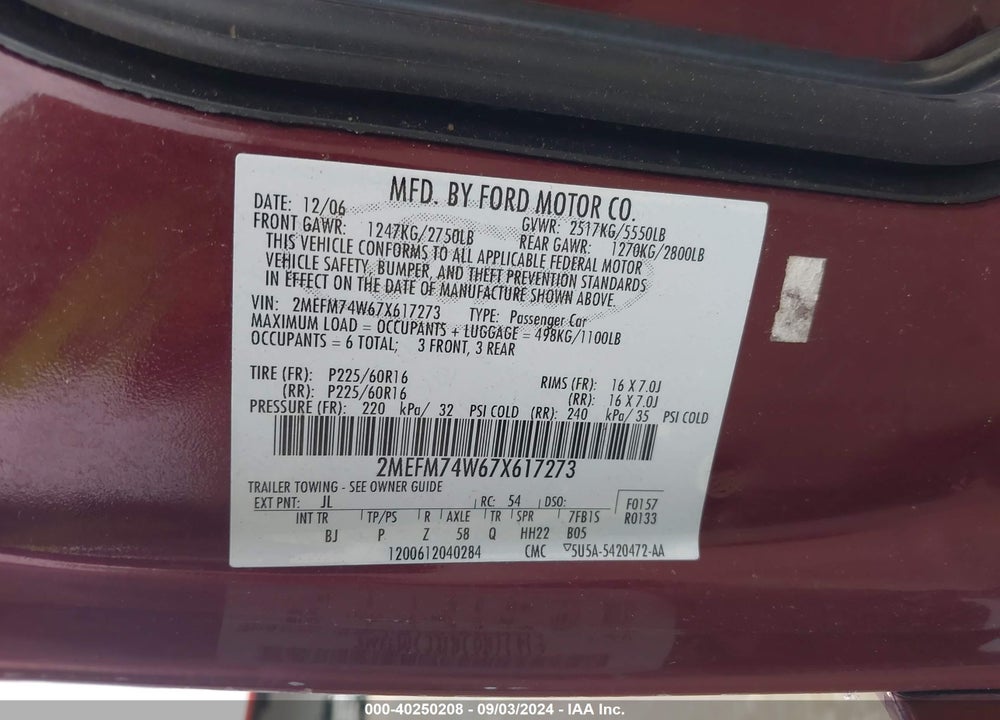 2007 MERCURY GRAND MARQUIS GS VIN: 2MEFM74W67X617273