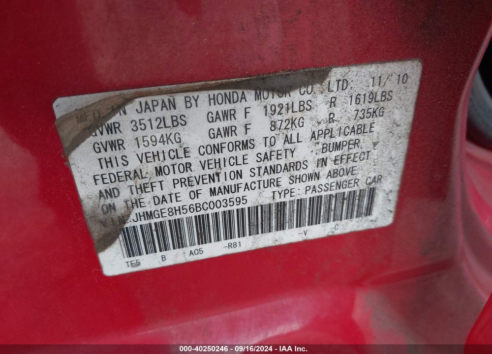 2011 HONDA FIT SPORT VIN: JHMGE8H56BC003595
