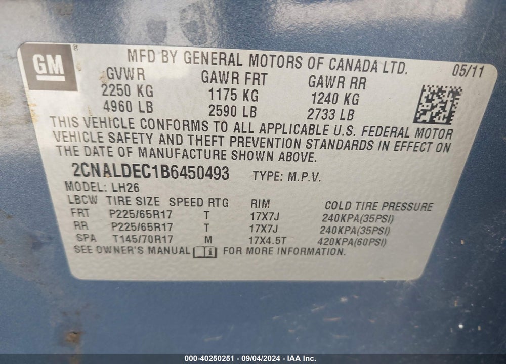 2011 CHEVROLET EQUINOX 1LT VIN: 2CNALDEC1B6450493