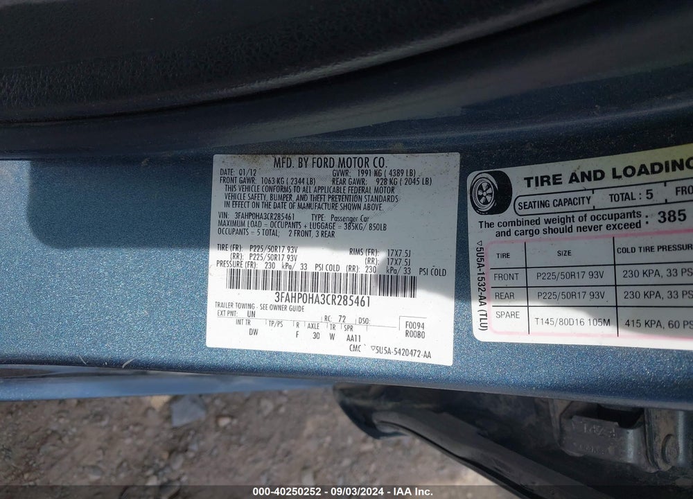 2012 FORD FUSION SE VIN: 3FAHP0HA3CR285461