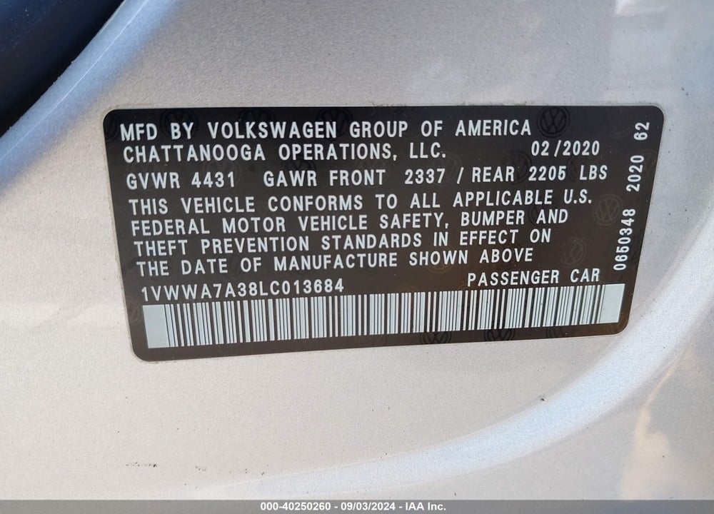 2020 VOLKSWAGEN PASSAT 2.0T SE VIN: 1VWWA7A38LC013684