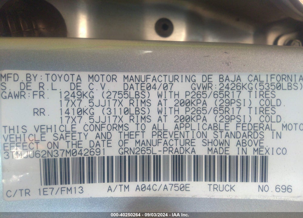 2007 TOYOTA TACOMA PRERUNNER V6 VIN: 3TMJU62N37M042691