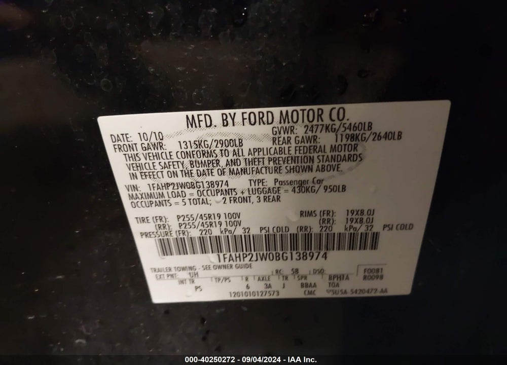 2011 FORD TAURUS LIMITED VIN: 1FAHP2JW0BG138974