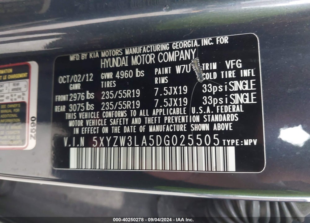2013 HYUNDAI SANTA FE SPORT 2.0T VIN: 5XYZW3LA5DG025505