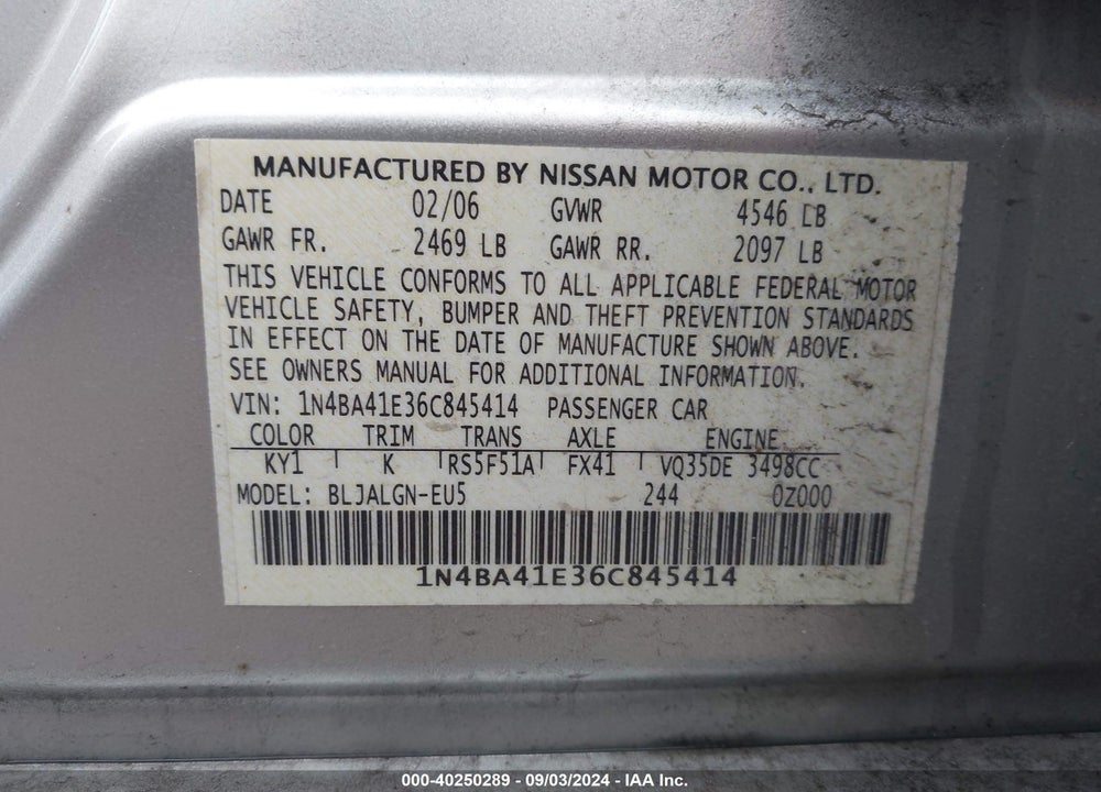 2006 NISSAN MAXIMA 3.5 SL VIN: 1N4BA41E36C845414
