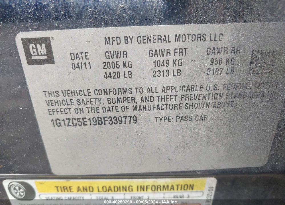 2011 CHEVROLET MALIBU 1LT VIN: 1G1ZC5E19BF339779