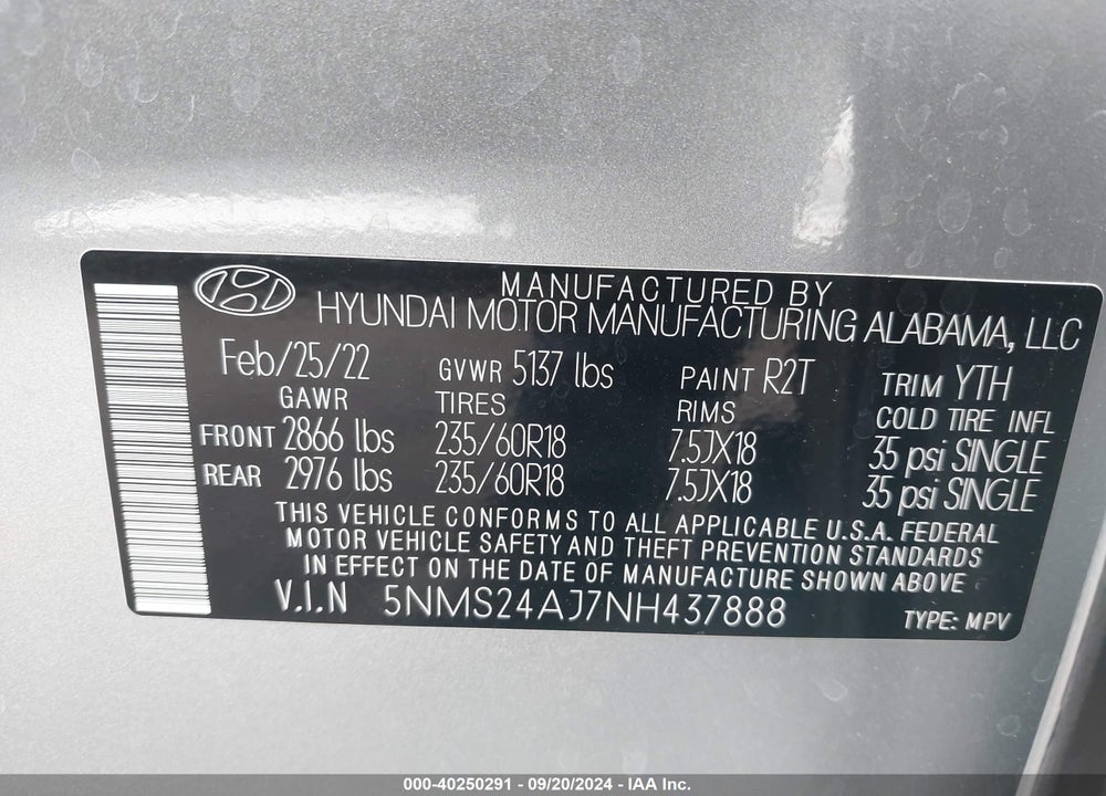 2022 HYUNDAI SANTA FE SEL VIN: 5NMS24AJ7NH437888