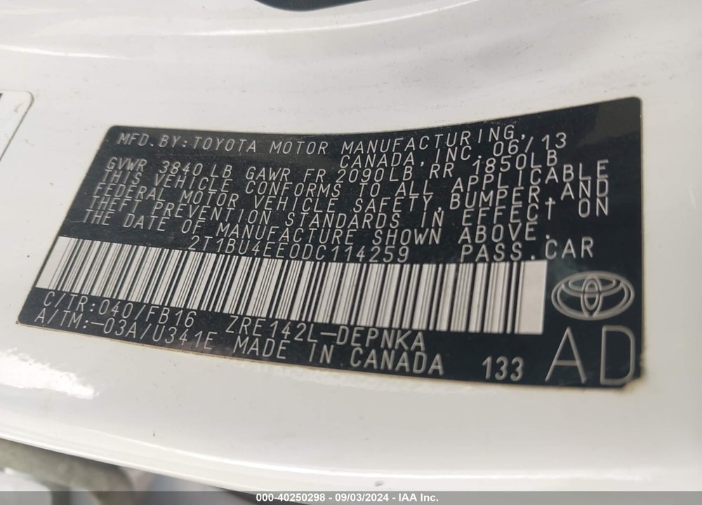 2013 TOYOTA COROLLA LE VIN: 2T1BU4EE0DC114259