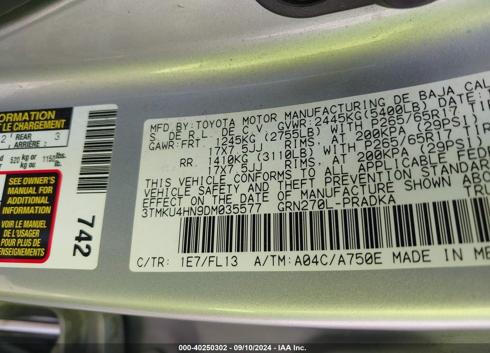 2013 TOYOTA TACOMA PRERUNNER V6 VIN: 3TMKU4HN9DM035577