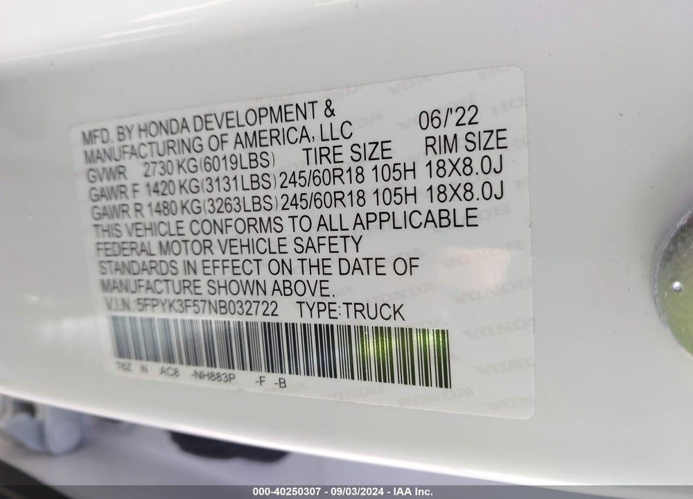 2022 HONDA RIDGELINE RTL VIN: 5FPYK3F57NB032722