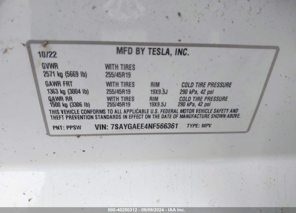 2022 TESLA MODEL Y VIN: 7SAYGAEE4NF566361