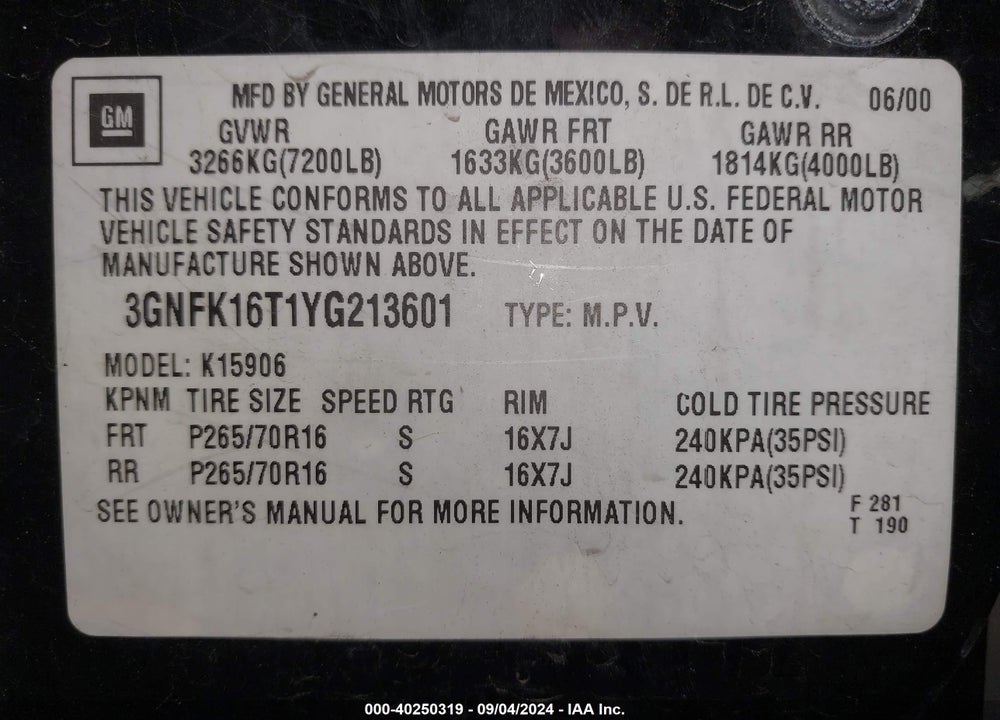 2000 CHEVROLET SUBURBAN 1500 LT VIN: 3GNFK16T1YG213601