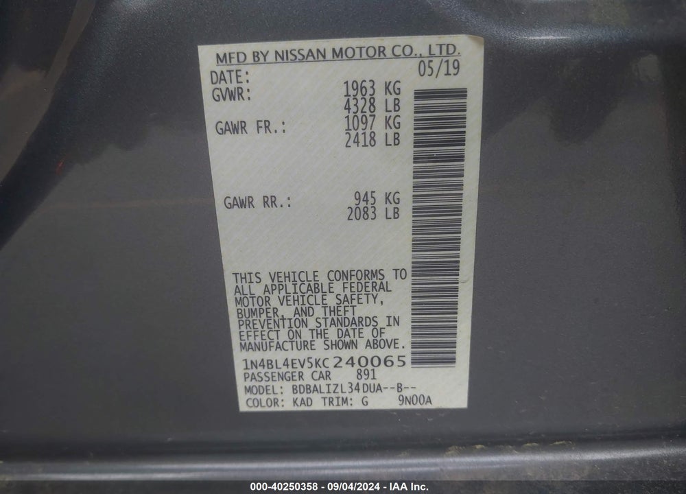 2019 NISSAN ALTIMA 2.5 SL VIN: 1N4BL4EV5KC240065