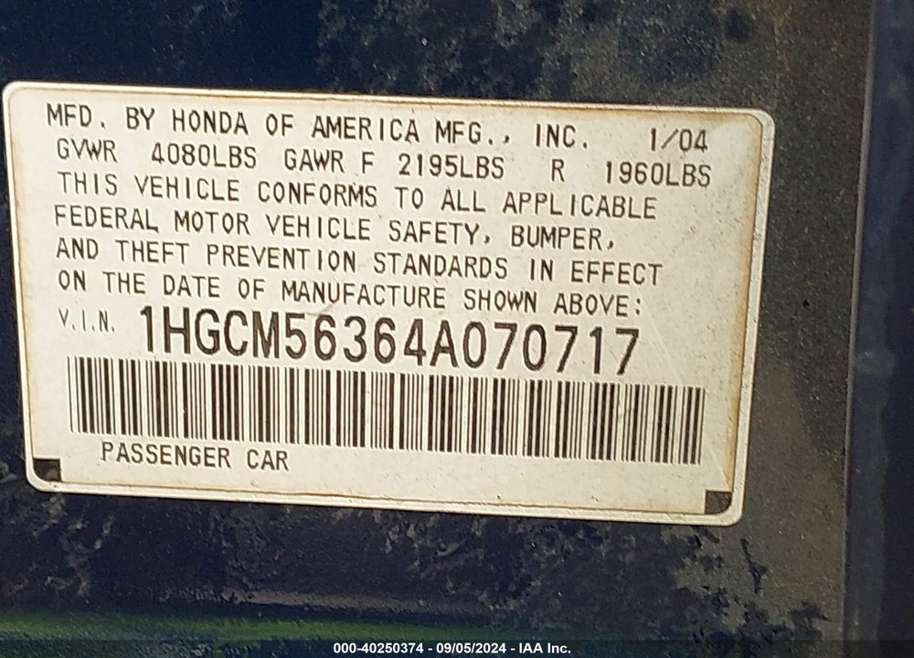 2004 HONDA ACCORD 2.4 LX VIN: 1HGCM56364A070717