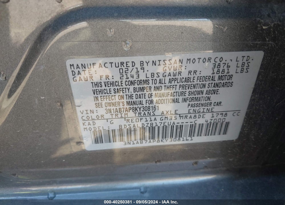 2019 NISSAN SENTRA SV VIN: 3N1AB7AP8KY308161