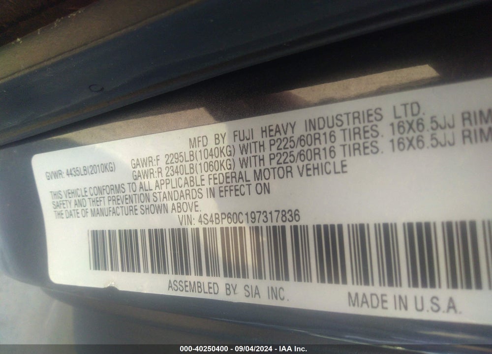 2009 SUBARU OUTBACK 2.5I VIN: 4S4BP60C197317836