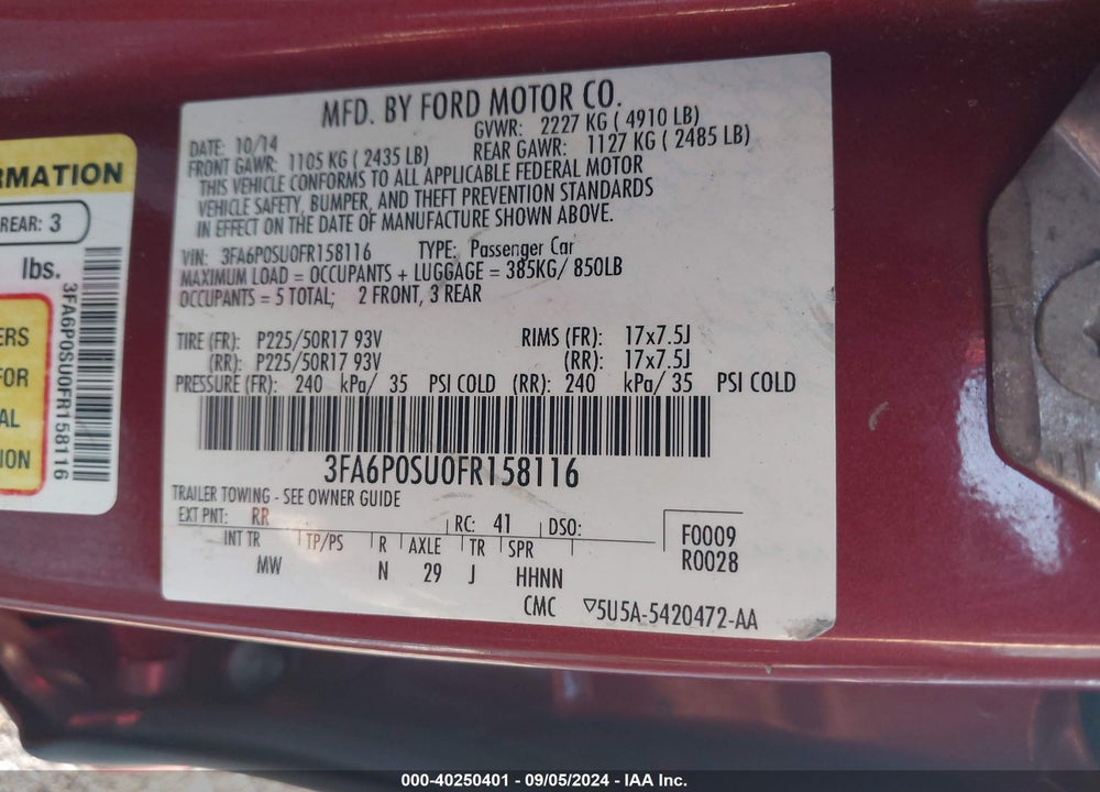 2015 FORD FUSION ENERGI TITANIUM VIN: 3FA6P0SU0FR158116