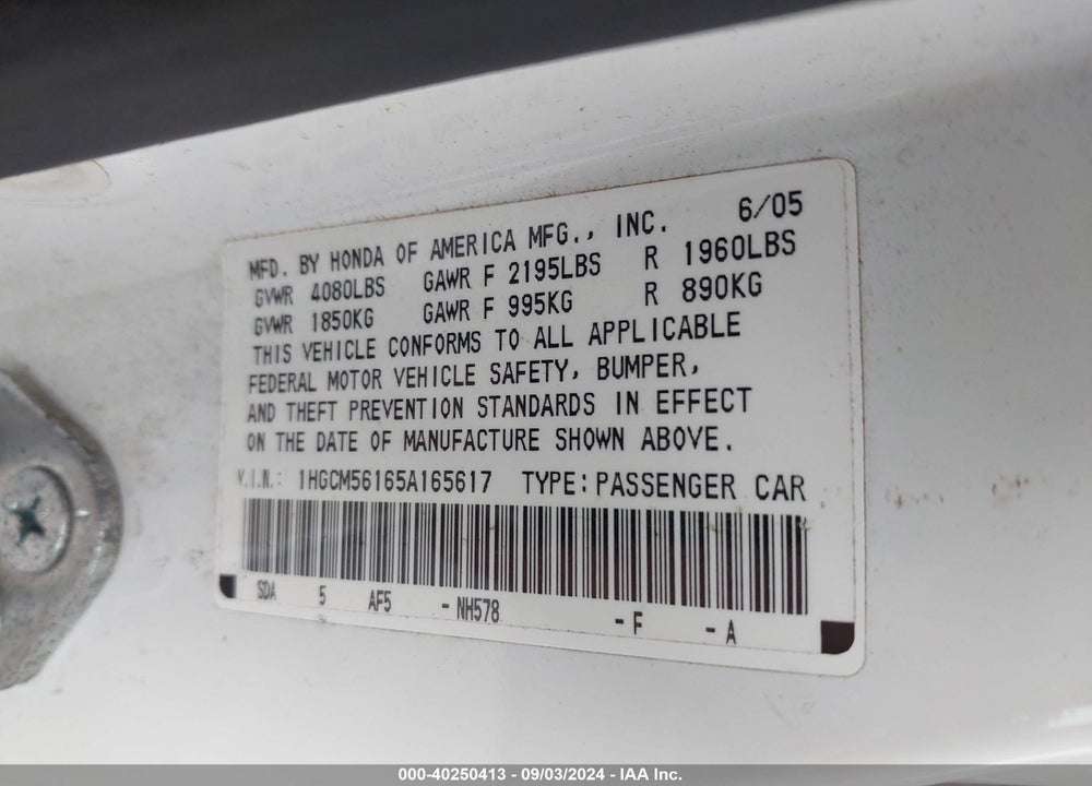 2005 HONDA ACCORD 2.4 DX VIN: 1HGCM56165A165617