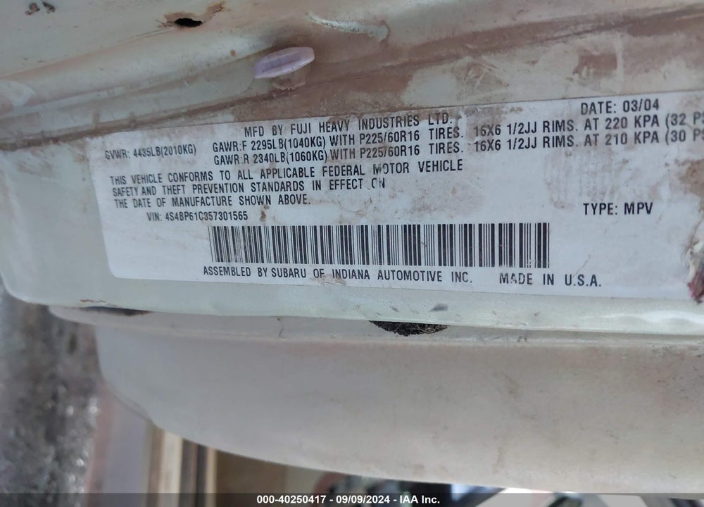 2005 SUBARU OUTBACK 2.5I VIN: 4S4BP61C357301565