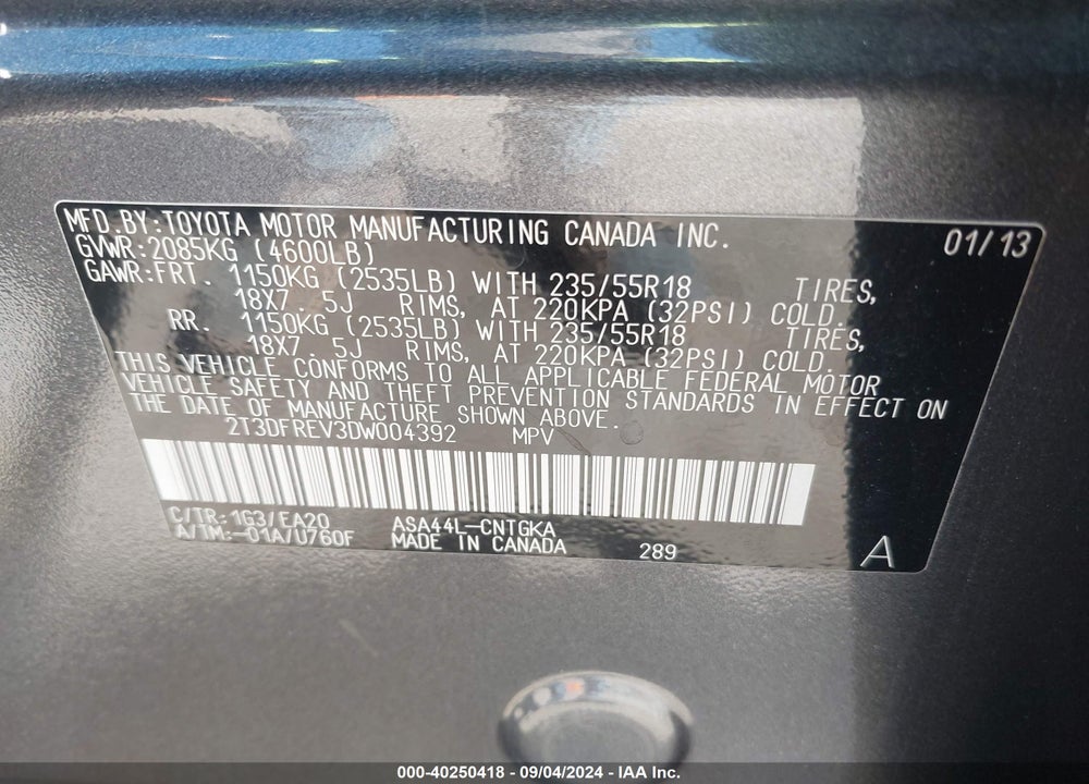 2013 TOYOTA RAV4 LIMITED VIN: 2T3DFREV3DW004392