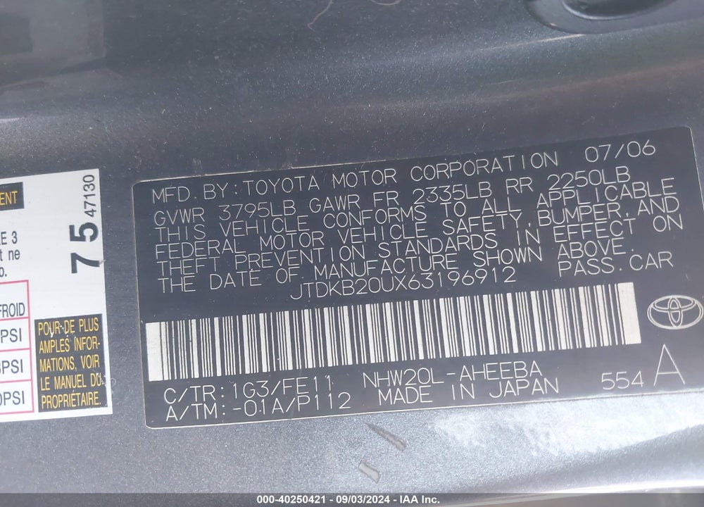2006 TOYOTA PRIUS VIN: JTDKB20UX63196912