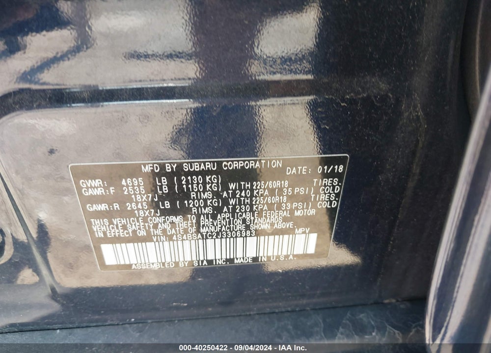 2018 SUBARU OUTBACK 2.5I TOURING VIN: 4S4BSATC2J3306983