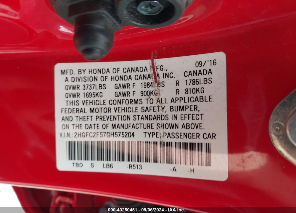 2016 HONDA CIVIC LX VIN: 2HGFC2F57GH575204