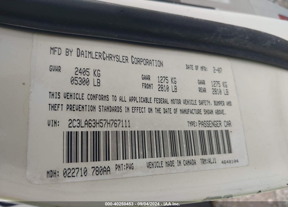 2007 CHRYSLER 300C VIN: 2C3LA63H57H767111