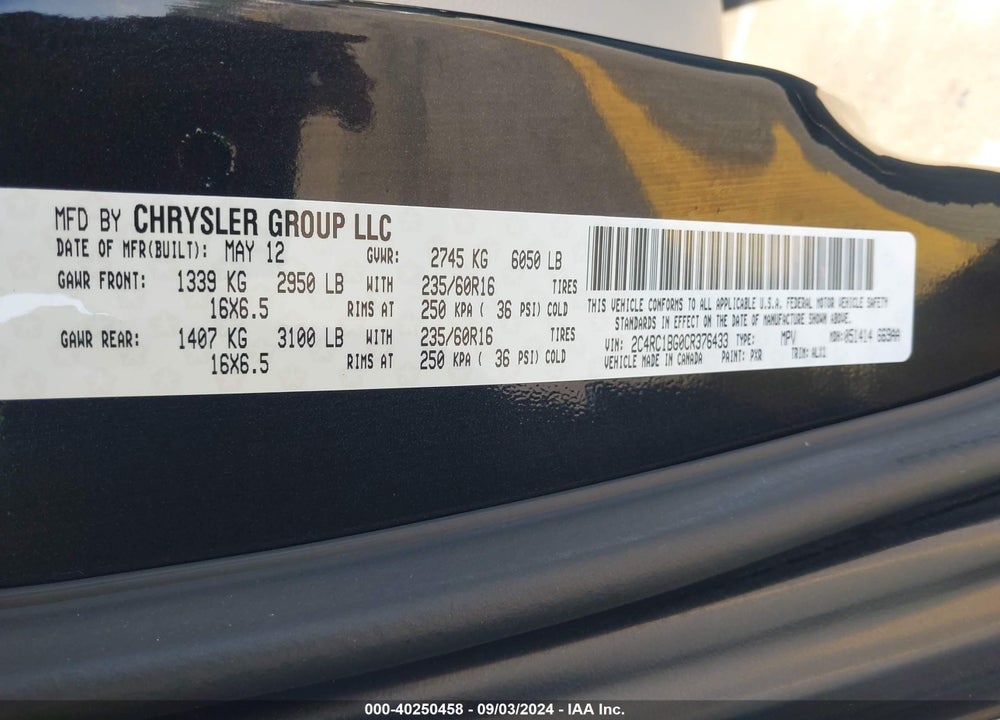 2012 CHRYSLER TOWN & COUNTRY TOURING VIN: 2C4RC1BG0CR376433