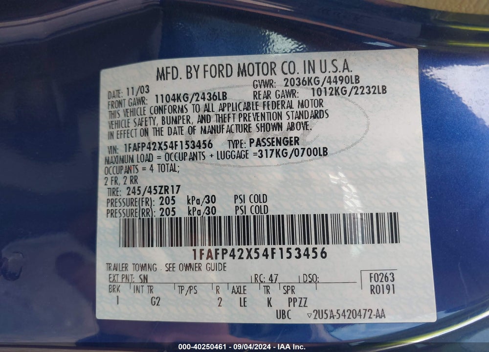 2004 FORD MUSTANG GT VIN: 1FAFP42X54F153456