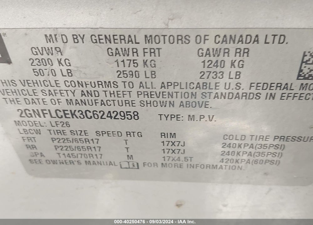 2012 CHEVROLET EQUINOX VIN: 2GNFLCEK3C6242958